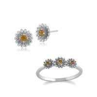 925 Sterling Silver Citrine Floral Stud Earring & Ring Set