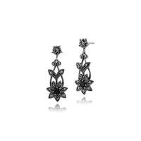 925 sterling silver 026ct black spinel marcasite floral drop earrings