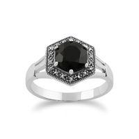 925 Sterling Silver Art Deco Black Spinel & Marcasite Ring