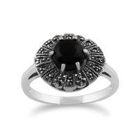 925 Sterling Silver 0.75ct Black Onyx & Marcasite Art Deco Ring