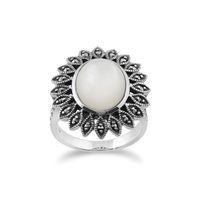 925 Sterling Silver 3.8ct Mother of Pearl & Marcasite Ring