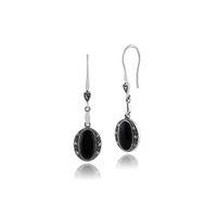 925 Sterling Silver 2ct Black Onyx & Marcasite Art Deco Drop Earrings