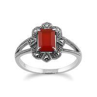 925 Sterling Silver Art Deco 0.85ct Orange Carnelian & Marcasite Ring