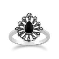 925 Sterling Silver 0.30ct Black Onyx & Marcasite Art Deco Ring