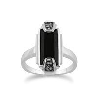 925 Sterling Silver Art Deco Black Onyx & Marcasite Ring