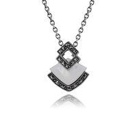 925 Sterling Silver 2ct Mother of Pearl & Marcasite Art Deco Necklace