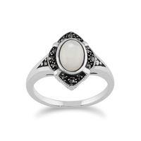925 Sterling Silver 1.00ct Mother of Pearl & Marcasite Art Deco Ring