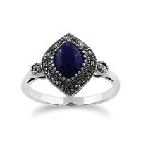 925 Sterling Silver 1.00ct Lapis Lazuli & Marcasite Art Deco Ring