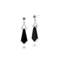 925 sterling silver 4ct black onyx marcasite art deco drop earrings
