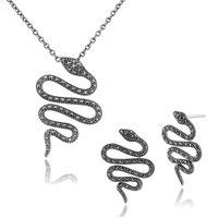 925 Sterling Silver Marcasite Art Nouveau Snake Drop Earring & 45cm Necklace Set