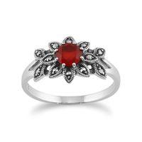 925 sterling silver floral art deco carnelian marcasite ring