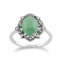 925 Sterling Silver Art Nouveau Green Jade & Marcasite Ring