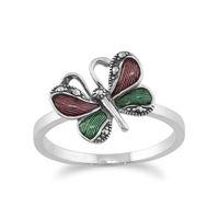 925 Sterling Silver Butterfly Marcasite Ring With Green & Violet Enamel