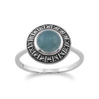 925 Sterling Silver Art Deco 1.44ct Milky Aquamarine & Marcasite Ring