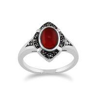 925 Sterling Silver 1.00ct Carnelian & Marcasite Art Deco Ring
