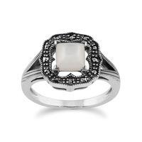 925 Sterling Silver 0.58ct Mother of Pearl & Marcasite Art Deco Ring