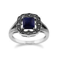925 Sterling Silver 0.58ct Lapis Lazuli & Marcasite Art Deco Ring