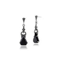 925 Sterling Silver 6.22ct Black Spinel & Marcasite Drop Earrings