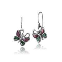 925 Sterling Silver Butterfly Marcasite Drop Earrings With Green & Violet Enamel