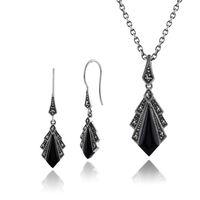 925 Sterling Silver Black Onyx & Marcasite Drop Earrings & 45cm Necklace Set