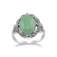 925 Sterling Silver Art Nouveau Green Jade & Marcasite Statement Ring