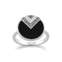 925 Sterling Silver 3ct Black Onyx & Marcasite Art Deco Ring