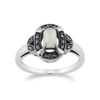 925 Sterling Silver 0.50ct Mother of Pearl & Marcasite Art Deco Ring