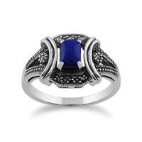 925 Sterling Silver 0.52ct Lapis Lazuli & Marcasite Art Deco Ring