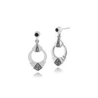 925 Sterling Silver 0.08ct Black Spinel & Marcasite Art Deco Drop Earrings
