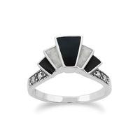 925 Sterling Silver Art Deco Black and White Enamel & Marcasite Ring