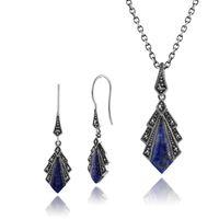 925 Sterling Silver Lapis Lazuli & Marcasite Drop Earrings & 45cm Necklace Set
