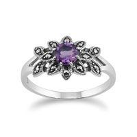 925 Sterling Silver Floral Art Deco Amethyst & Marcasite Ring