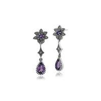 925 sterling silver 178ct amethyst marcasite floral drop earrings