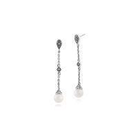 925 Sterling Silver 2.86ct Pearl & Marcasite Drop Earrings