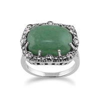 925 Sterling Silver Cocktail Ring With Aventurine & Marcasite