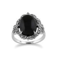925 Sterling Silver Art Nouveau 5.33ct Onyx & Marcasite Statement Ring