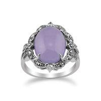 925 Sterling Silver Art Nouveau Lavender Jade & Marcasite Statement Ring