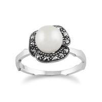 925 sterling silver floral pearl marcasite ring