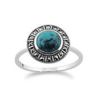 925 Sterling Silver Art Deco 0.97ct Turquoise & Marcasite Ring