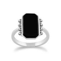 925 Sterling Silver 2.5ct Black Onyx & Marcasite Art Deco Ring