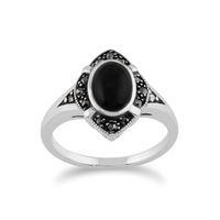 925 Sterling Silver 1.00ct Black Onyx & Marcasite Art Deco Ring