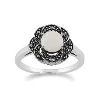 925 Sterling Silver 0.55ct Opal & Marcasite Floral Art Deco Ring