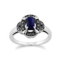 925 Sterling Silver 0.50ct Lapis Lazuli & Marcasite Art Deco Ring
