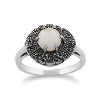 925 Sterling Silver 0.85ct Mother of Pearl & Marcasite Art Deco Ring