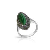 925 Sterling Silver 1.80ct Malachite & Marcasite Art Deco Cocktail Ring