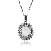 925 Sterling Silver 5ct Mother of Pearl & Marcasite 45cm Necklace