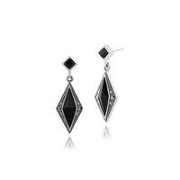 925 Sterling Silver 1.1ct Black Onyx & Marcasite Art Deco Drop Earrings