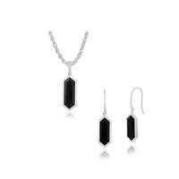 925 Sterling Silver Black Onyx Hexagonal Prism Drop Earring & 45cm Necklace Set