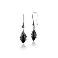 925 Sterling Silver 1ct Black Onyx & Marcasite Art Deco Drop Earrings