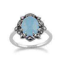 925 Sterling Silver Art Nouveau Blue Jade & Marcasite Ring